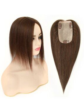 12" Real Human Hair Brunette Hair Topper, Clip-In Hairpiece Invisible Mono Base
